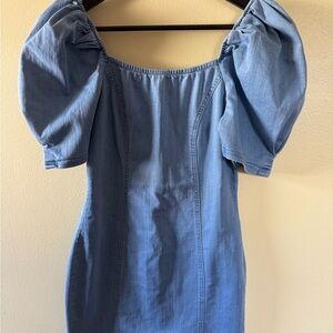 Puff-Sleeve Light Blue Denim Midi Dress